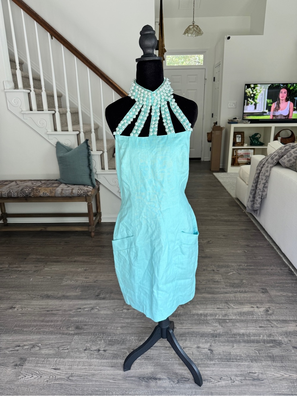 Andrea Jovine Mint Aqua Linen Blend Dress with Beaded Neckline